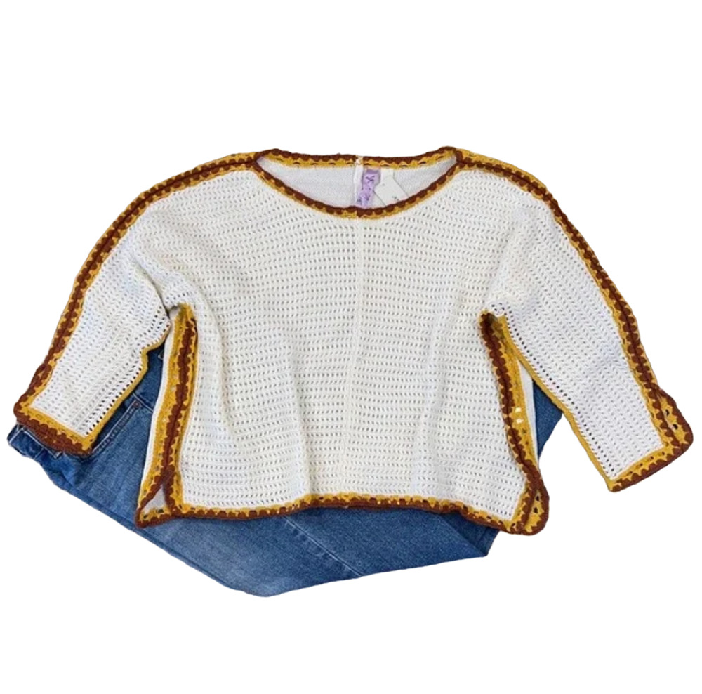 NWT Francesca's Alya Ivory W/Gold & Rust Crochet Boho Sweater